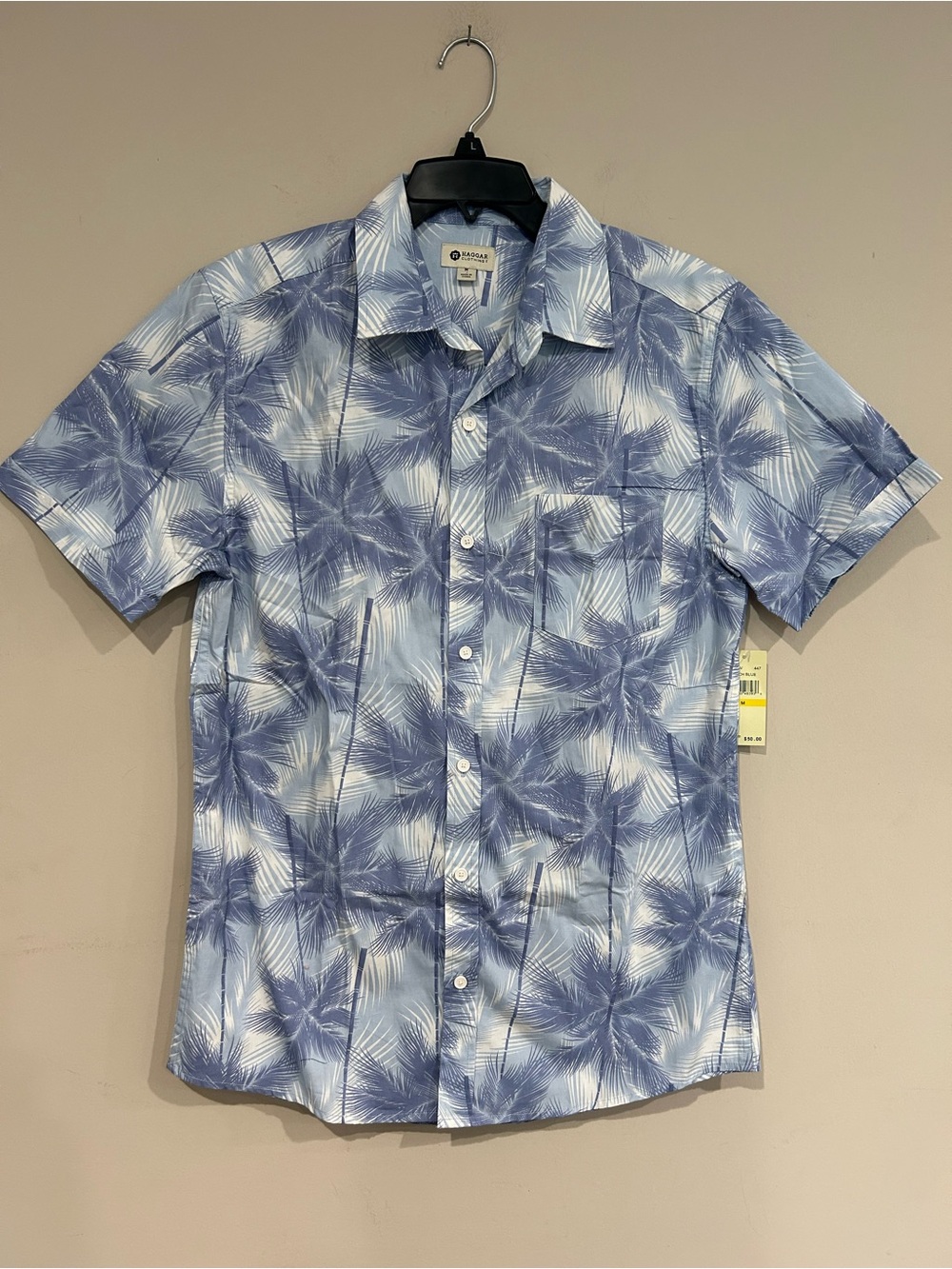 Haggar Light Blue and White Palm-Print Short Sleeve Button-Down